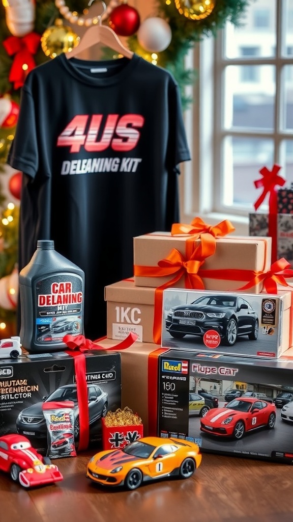 Top Christmas Gift Ideas for Car Enthusiast Boyfriends A collection of Christmas gifts for car lovers, including detailing kits and apparel, set in a festive holiday background.